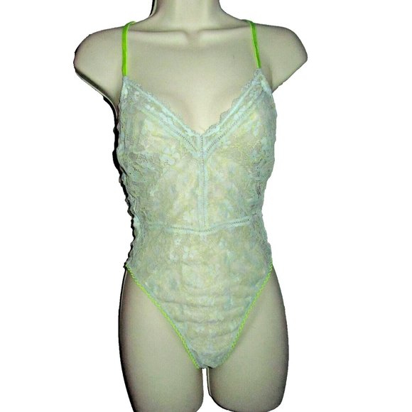 💋 💄 Size Small Sheer Victoria's Secret lingerie Bodysuit Blue/Lime Green Lace - Picture 1 of 6